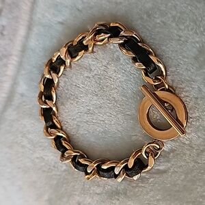Stainless Steel Rose Gold Woven Leather Curb link Bracelet 7" LOT 1276